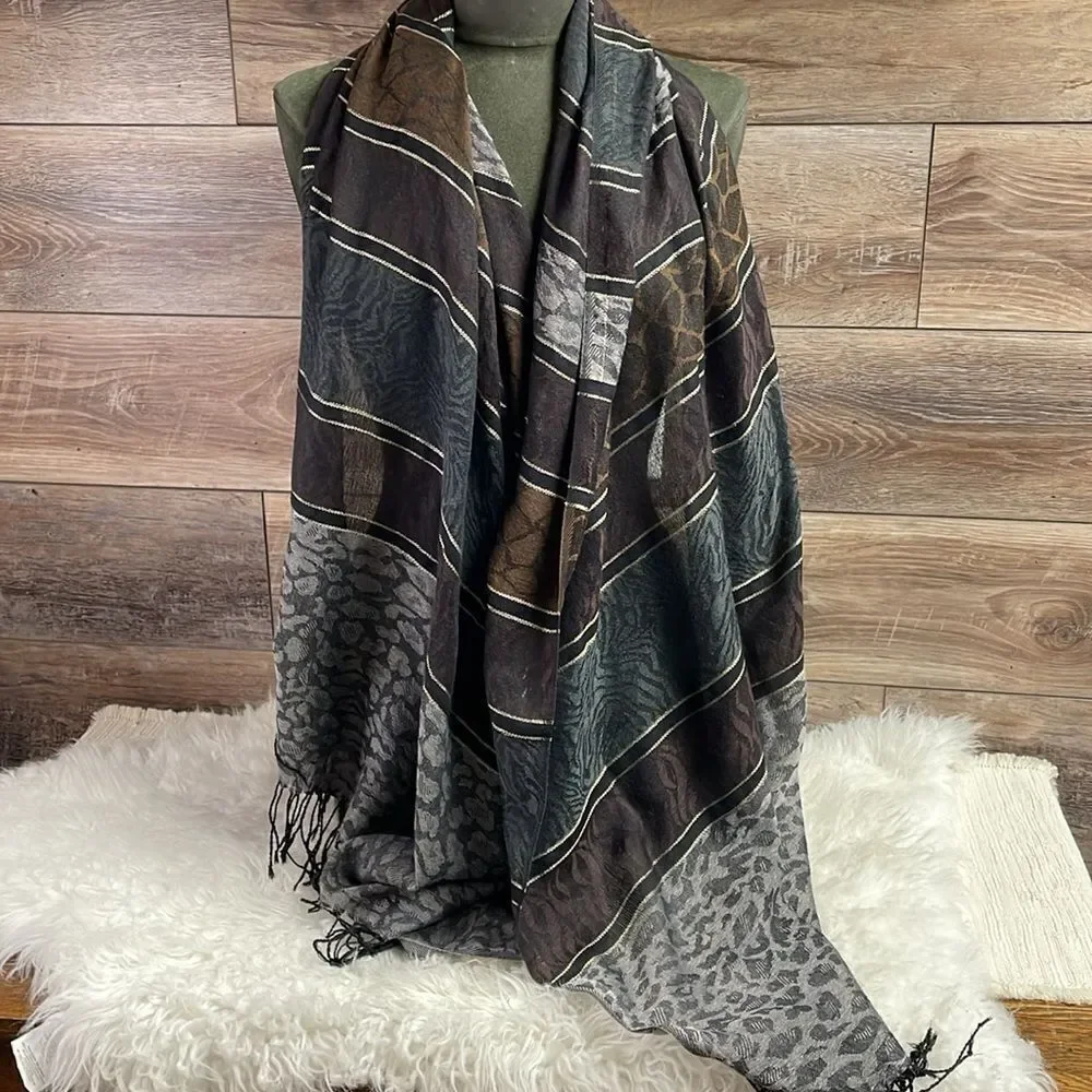 ACCESSORY STREET Ladies Scarf Wrap Black Brown Silver Threading Fringe Large